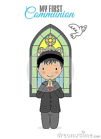 Boy praying with church window behind Vector Illustration