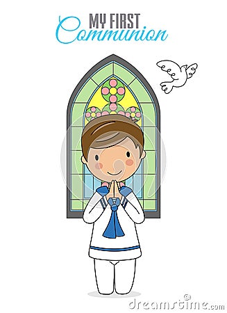 Boy praying with church window behind Vector Illustration