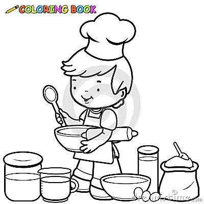 Little boy cooking. Vector black and white coloring page Vector Illustration