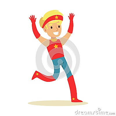 Boy Pretending To Have Super Powers Dressed In Red Superhero Costume With Headband With Star Smiling Character Vector Illustration