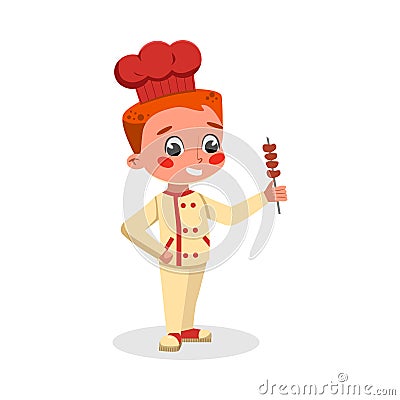 Boy Professional Chef Character with Kebab Skewer, Cute Kid in Uniform and Hat Cooking Tasty Dish Cartoon Style Vector Vector Illustration