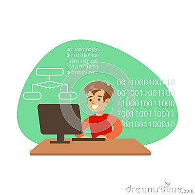 Boy Programmer Coding, Kid Doing Computer Science Research Dreaming Of Becoming Professional Scientist In The Future Vector Illustration