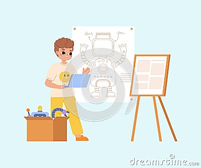 Boy programming and development robot. Robotics project in school or work shop. Student show his sketch of android Vector Illustration