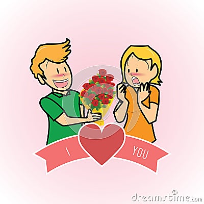 boy proposing girl with flowers. Vector illustration decorative design Vector Illustration