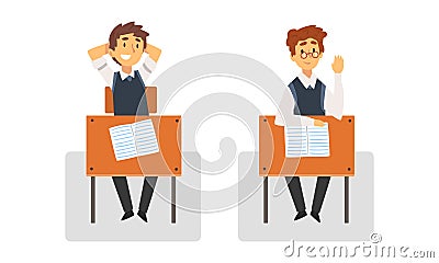 Boy Pupil or Student Sitting at Desk Having School Lesson Front View Vector Set Vector Illustration