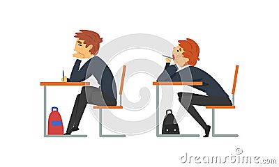 Boy Pupil or Student Sitting at Desk Having School Lesson Side View Vector Set Vector Illustration