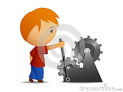 Boy push the lever of gear Vector Illustration