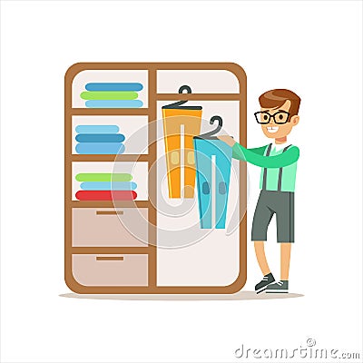 Boy Ranging Clothes In Dresser Smiling Cartoon Kid Character Helping With Housekeeping And Doing House Cleanup Vector Illustration