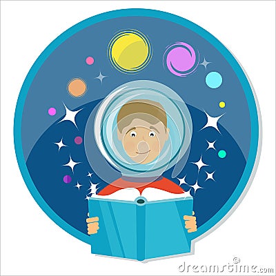 Boy reading a book. Science fiction, sci-fi Vector Illustration