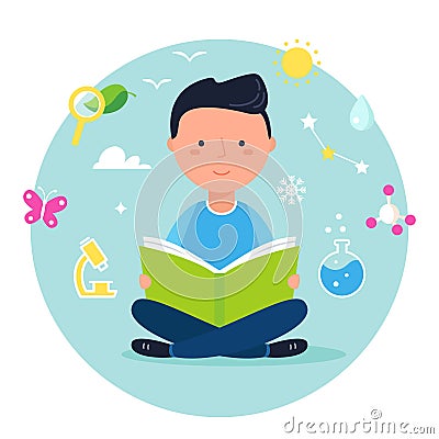 Boy Reading a Book on Science or Nature Study. Modern Vector Illustration Vector Illustration