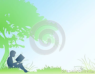 Boy Reading Book Under Tree Cartoon Illustration