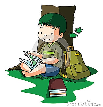 Boy reading book under tree Vector Illustration