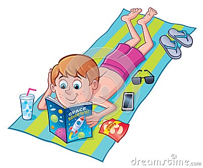 Boy Reading Comic Book On Beach Towel Vector Illustration