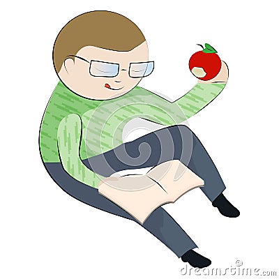 Boy reading his book and eating apple Stock Photo