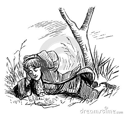 Boy Reading, tree, vintage engraving Vector Illustration