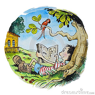 Boy reading under tree Stock Photo