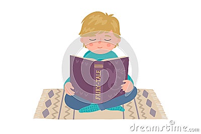 Boy reads book. Little child sitting on the carpet. Vector Illustration