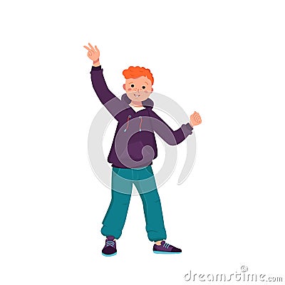 A boy with red curly hair in a jacket, jeans and sneakers smiles. Happy child is dancing. Teenager with a face in casual Vector Illustration