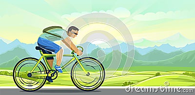 The boy rides a bicycle. Cycling. Fitness and healthy lifestyle. Flat cartoon style. Against the backdrop of the Vector Illustration