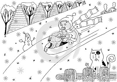 The boy rides from the ice mountain with the dog. Snowman and ca Vector Illustration