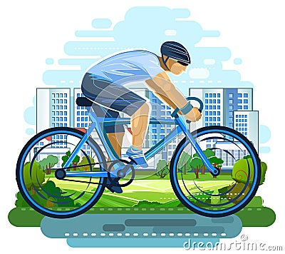 The boy ridesin a helmet a bicycle. Cycling. Fitness and healthy lifestyle. Flat cartoon style. Against the backdrop of Vector Illustration