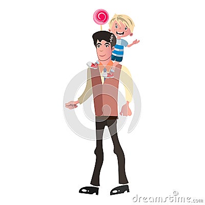 Boy riding piggyback on his dad s shoulders Vector Illustration