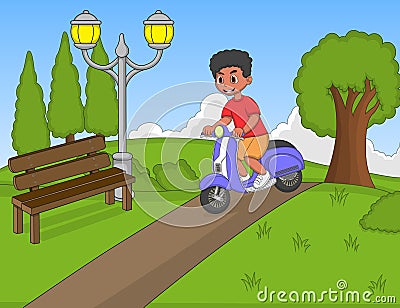 The boy riding a scooter in the park cartoon Vector Illustration