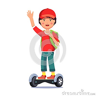 Boy riding a standing electric gyroboard scooter Vector Illustration
