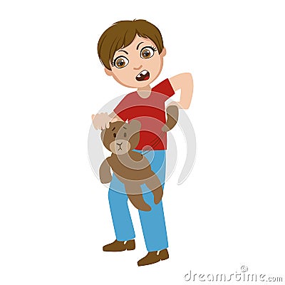 Boy Ripping Apart Teddy Bear, Part Of Bad Kids Behavior And Bullies Series Of Vector Illustrations With Characters Being Vector Illustration