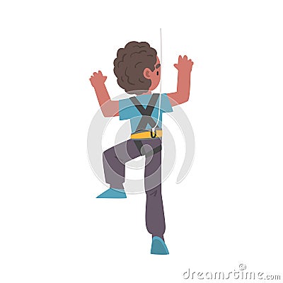 Boy Rock Climber Character, Back View of Child Climbing Wall on Ropes, Boy Doing Sports or Having Fun in Adventure Park Vector Illustration