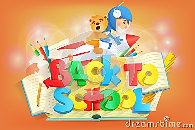 Boy on rocket. Back to school concept Cartoon Illustration