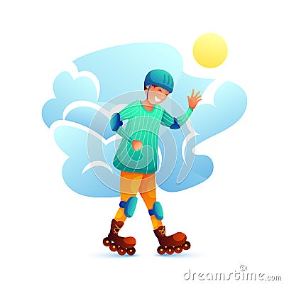 Boy roller skating flat character Vector Illustration