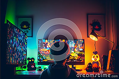 The boy in the room sits in front of the computer. Generative AI Stock Photo
