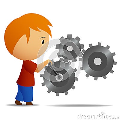 Boy rotate the lever of gear mechanism Vector Illustration