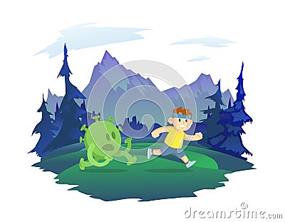 A boy runner running away from a coronavirus. Forest and mountain landscape in the background. Healthy lifestyle and Vector Illustration