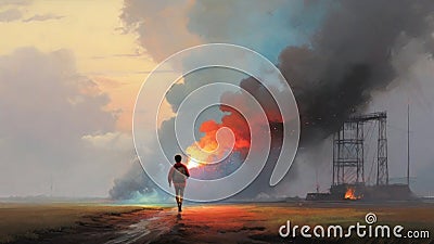 Boy running colorful smoke flare on dark background Cartoon Illustration