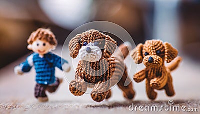 boy running with dog puppies, cute knitted wool dolls playing ,ai generated Stock Photo