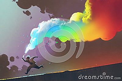 Boy running and holding up colorful smoke flare on dark background Cartoon Illustration