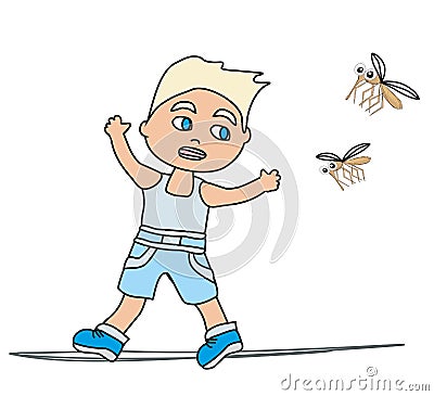 Boy runs away from mosquitoes Vector Illustration