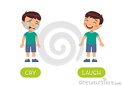 Boy sad and boy happy illustration with typography. Cry and laugh antonyms flashcard vector template. Vector Illustration