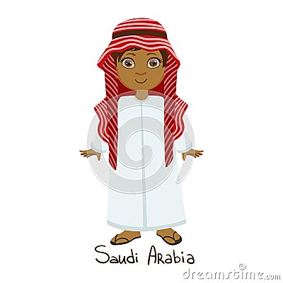 Boy In Saudi Arabia Country National Clothes, Wearing White Dress And Muslim Headdress Traditional For The Nation Vector Illustration