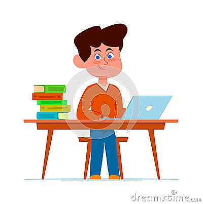 Boy at school desk in classroom. Smiling child sitting on chair with books and laptop, happy student in class, studying Vector Illustration