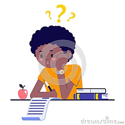 Boy on school exam. Kid study and think about test or homework in class. Pupil confused how to do survay on blank Vector Illustration