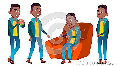 Boy Schoolboy Kid Poses Set Vector. Black. Afro American. High School Child. Secondary Education. Educational, Lecture Vector Illustration