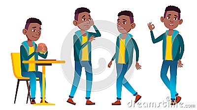 Boy Schoolboy Kid Poses Set Vector. Black. Afro American. High School Child. Child Pupil. Subject, Clever, Studying. For Vector Illustration