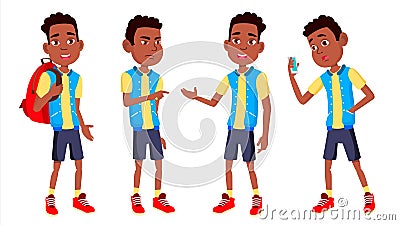 Boy Schoolboy Kid Poses Set Vector. High School Child. Black. Afro American. Children Study. Knowledge, Learn, Lesson Vector Illustration