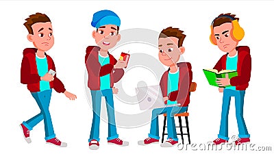 Boy Schoolboy Kid Poses Set Vector. High School Child. Child Pupil. Subject, Clever, Studying. For Postcard Vector Illustration