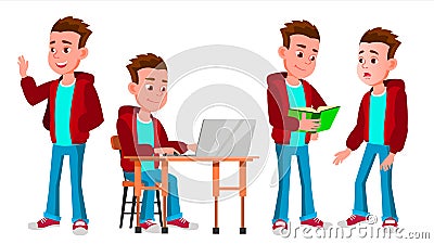 Boy Schoolboy Kid Poses Set Vector. High School Child. Secondary Education. Educational, Auditorium, Lecture. For Card Vector Illustration