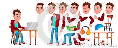 Boy Schoolboy Kid Vector. High School Child. Animation Creation Set. Face Emotions, Gestures. Child Pupil. Subject Vector Illustration