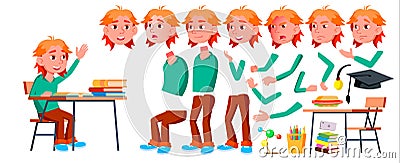 Boy Schoolboy Kid Vector. High School Child. Animation Creation Set. Face Emotions, Gestures. School Student. Graduation Vector Illustration